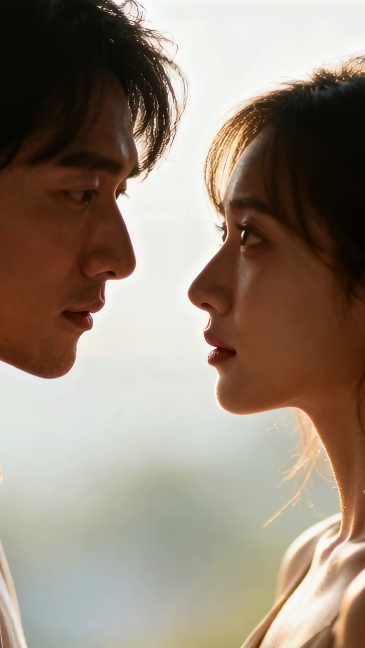 Vertical video: Leaning pair closing in after eye contact seeking kiss backlit shirt, bare shoulder