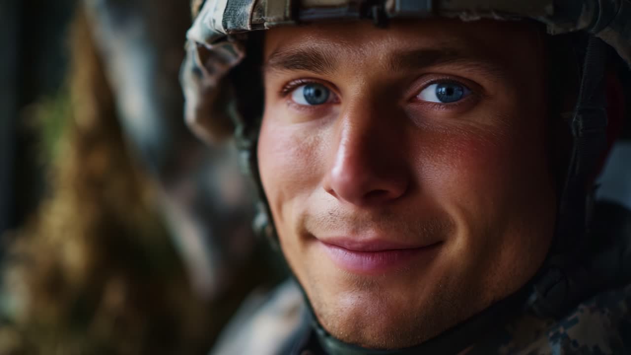 A Close-Up Portrait of a Soldier with Blue Eyes, Displaying Confidence and Determination, Captured in a Moment of Reflection and Loyalty to His Duty