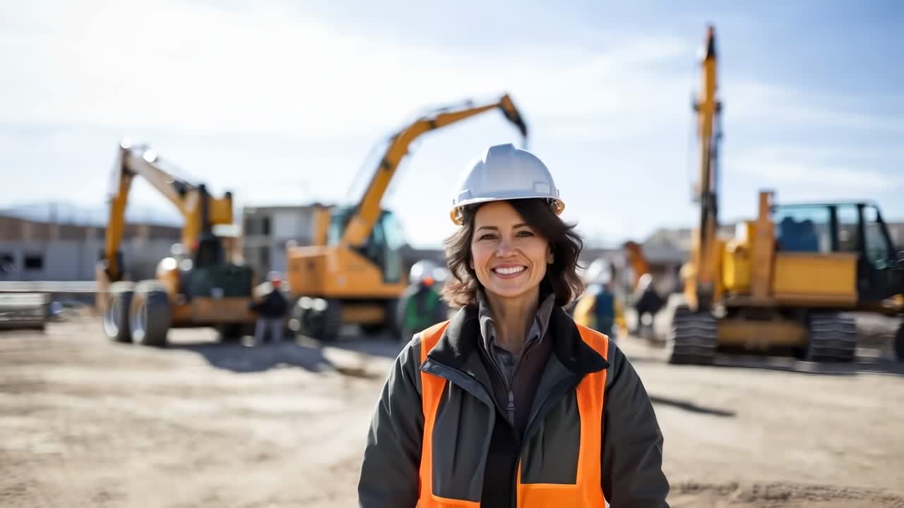 A video still shows a smiling construction worker in a hard hat and vest, captured from a low-angle
