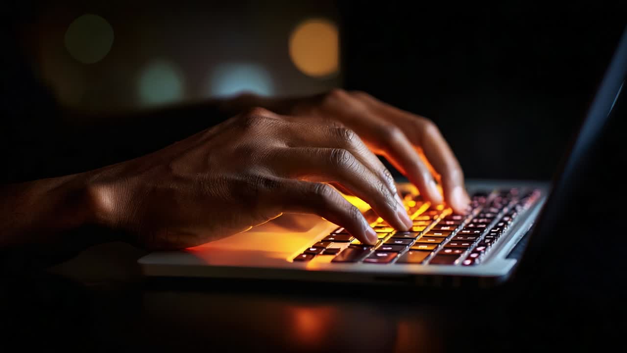A close-up of a pair of hands typing on a laptop keyboard in a dimly lit environment, showcasing the intricate detail and warm glow of the keyboard, reflecting the essence of nighttime productivity