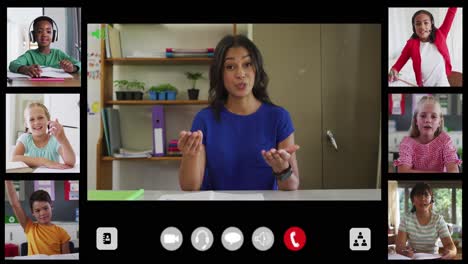 Interfaz-De-Videollamada-Compuesta-Con-Una-Profesora-Sonriente-Y-Diversa-Y-Seis-Niños-En-Una-Lección-En-Línea