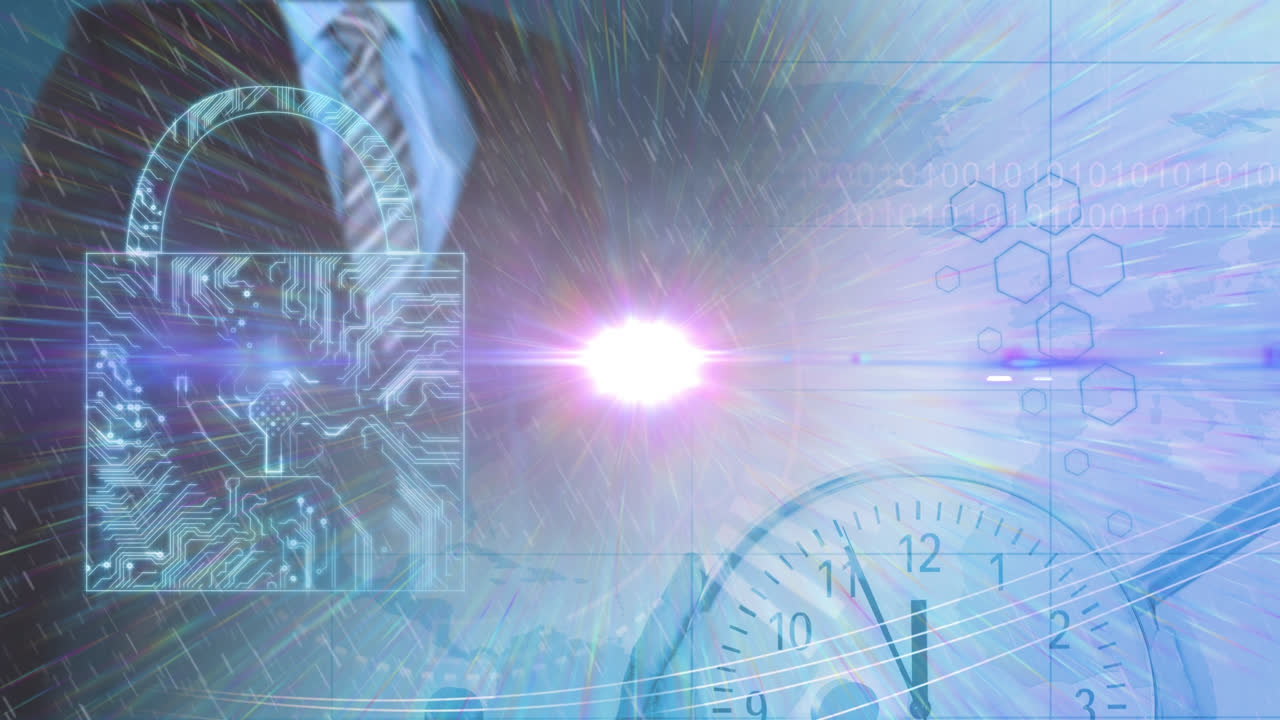 데이터 프로세싱 및 시계 오버 패들록의 애니메이션과 코카시안 사업가