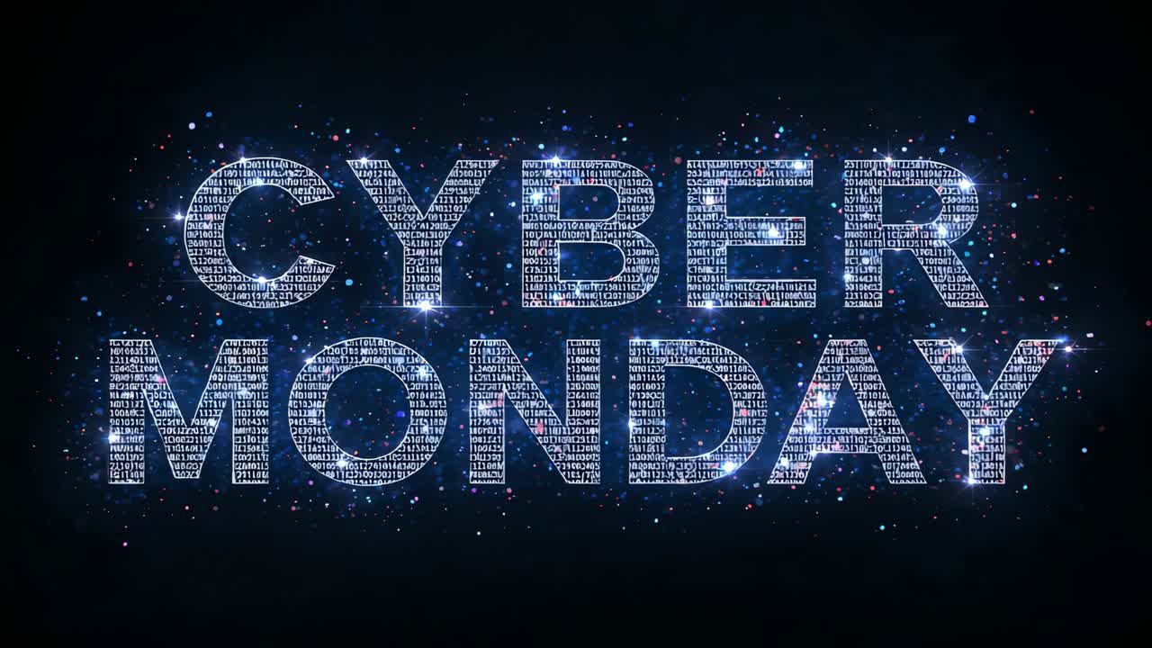 Looping CYBER MONDAY headline glowing, tilting in dark space with blue sides, code sparks for deals