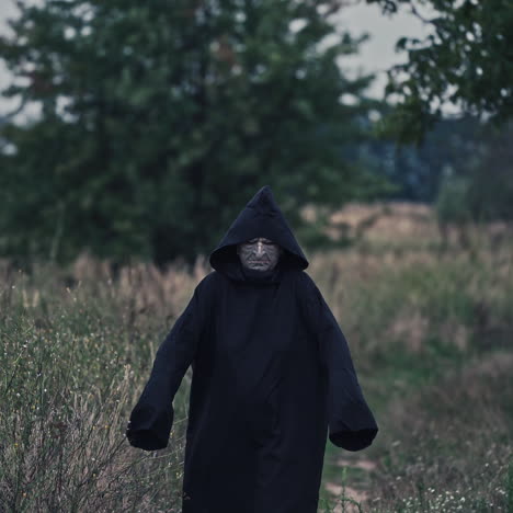 portrait of scary death in black. spooky figure in dark mantle with hood coming to camera on nature background. horror concept.