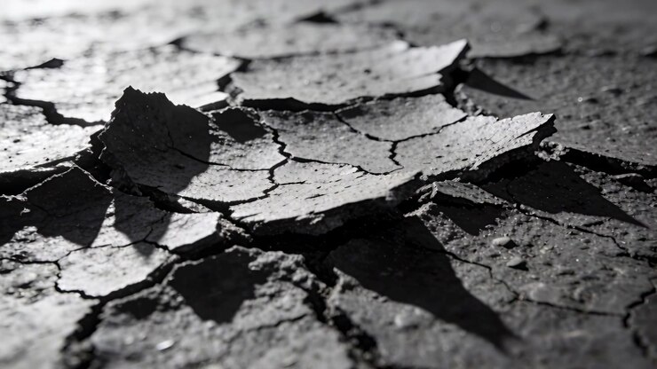 Pushing camera forward showing curled mud flakes on dried clay surface to reveal polygonal fissures