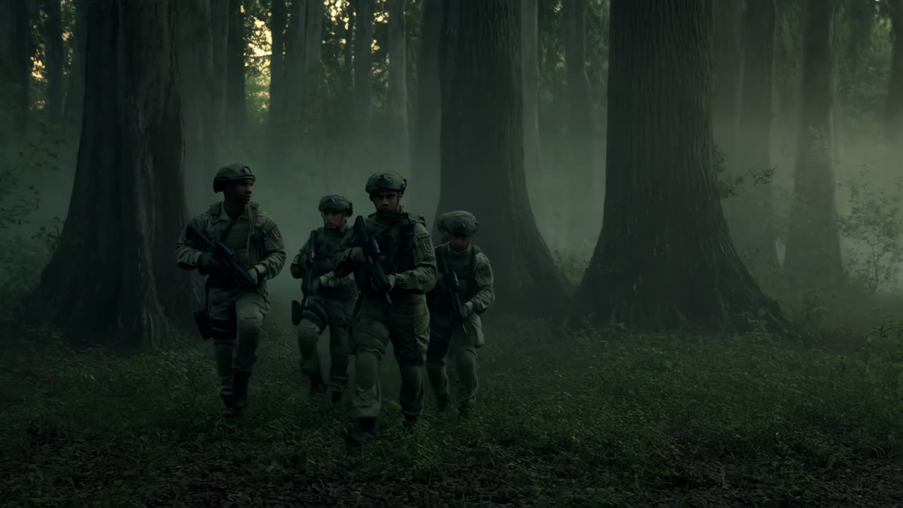 Military Troops on Patrol in Foggy Forest