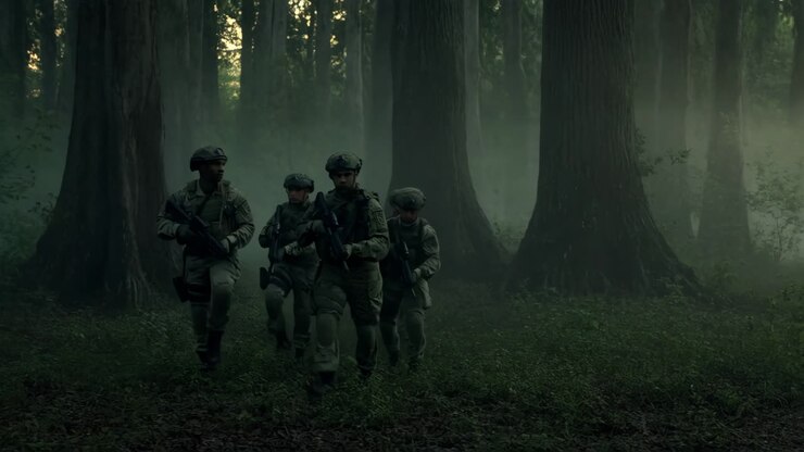Truppe militari in pattuglia in una foresta nebbiosa