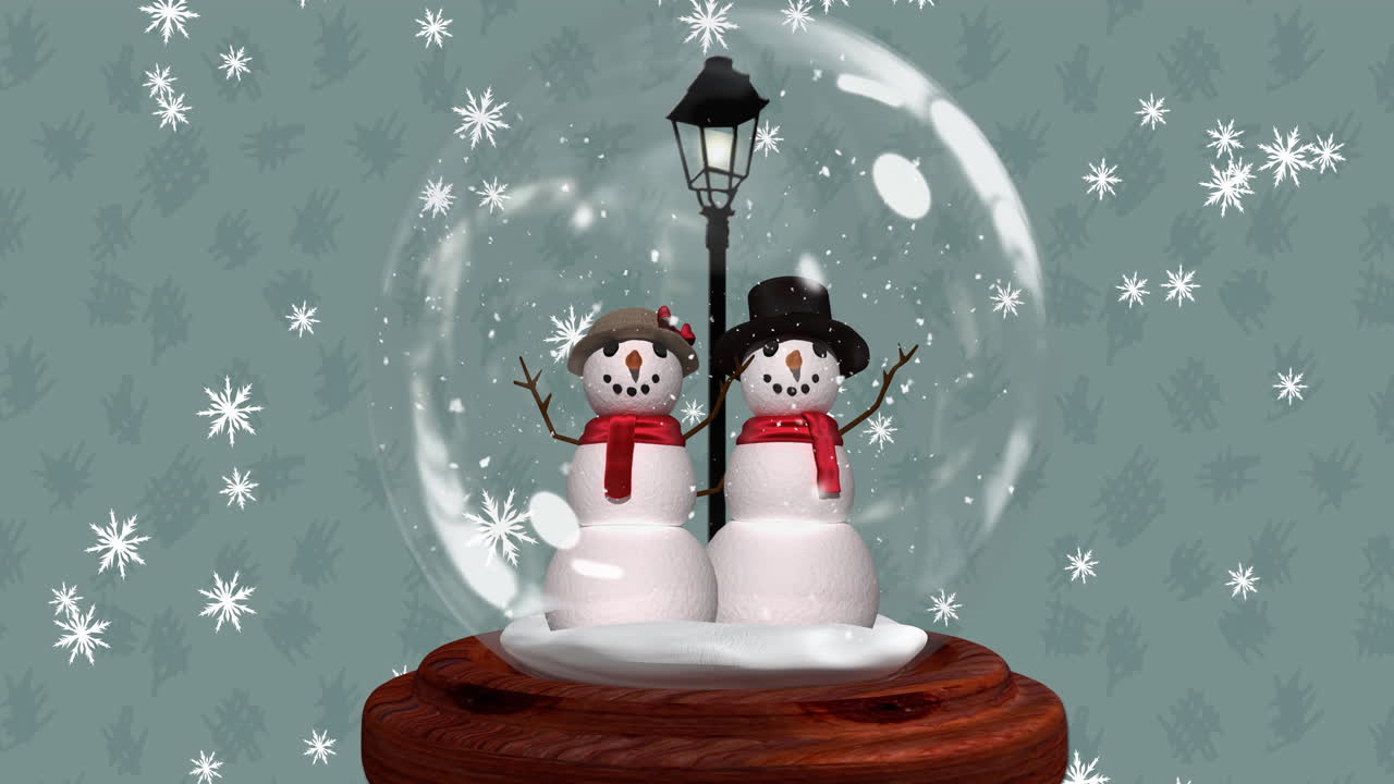Snowflakes animation over snow globe with two snowmen and street lamp