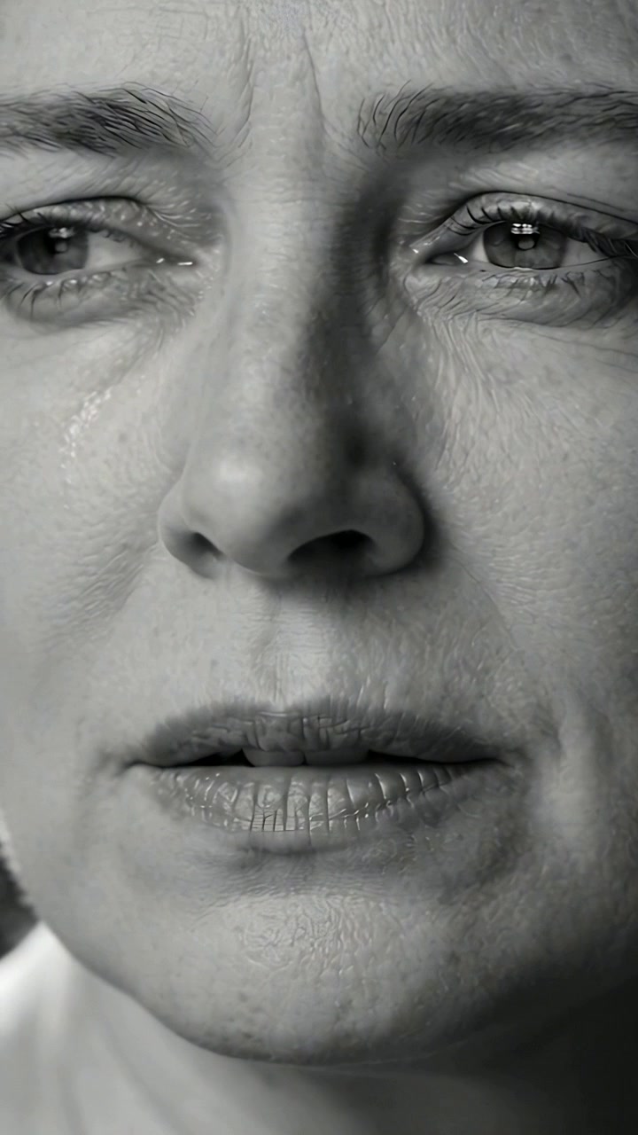 Vertical video: Exhaling midlife woman letting tear track down cheek in close-up, with collar, sad