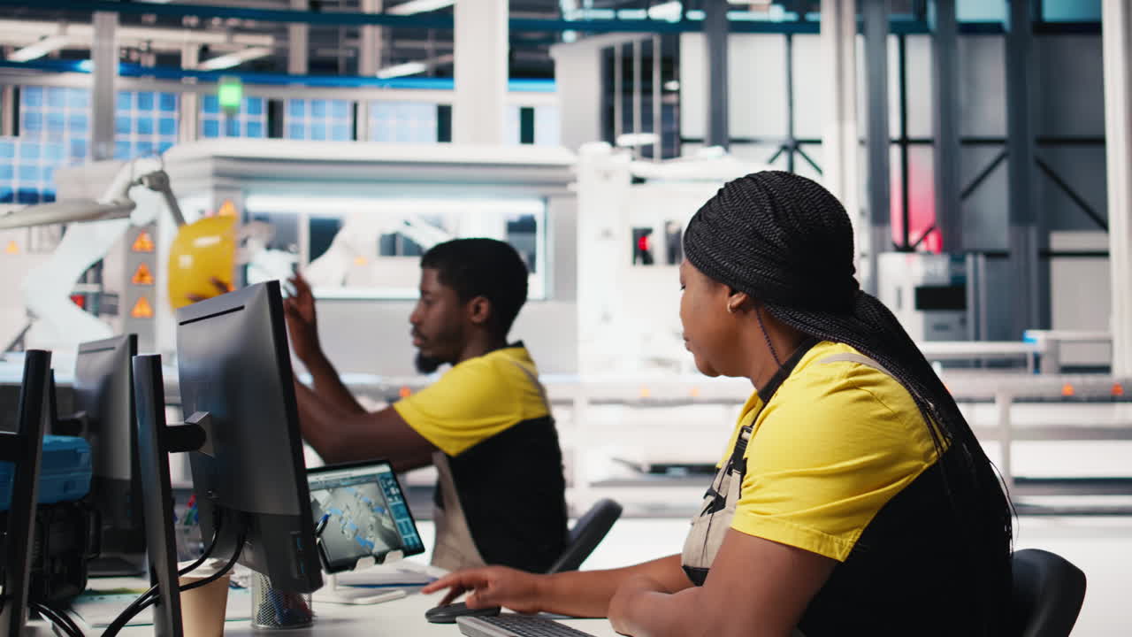 Vertical Video African American worker programs automation settings in solar facility