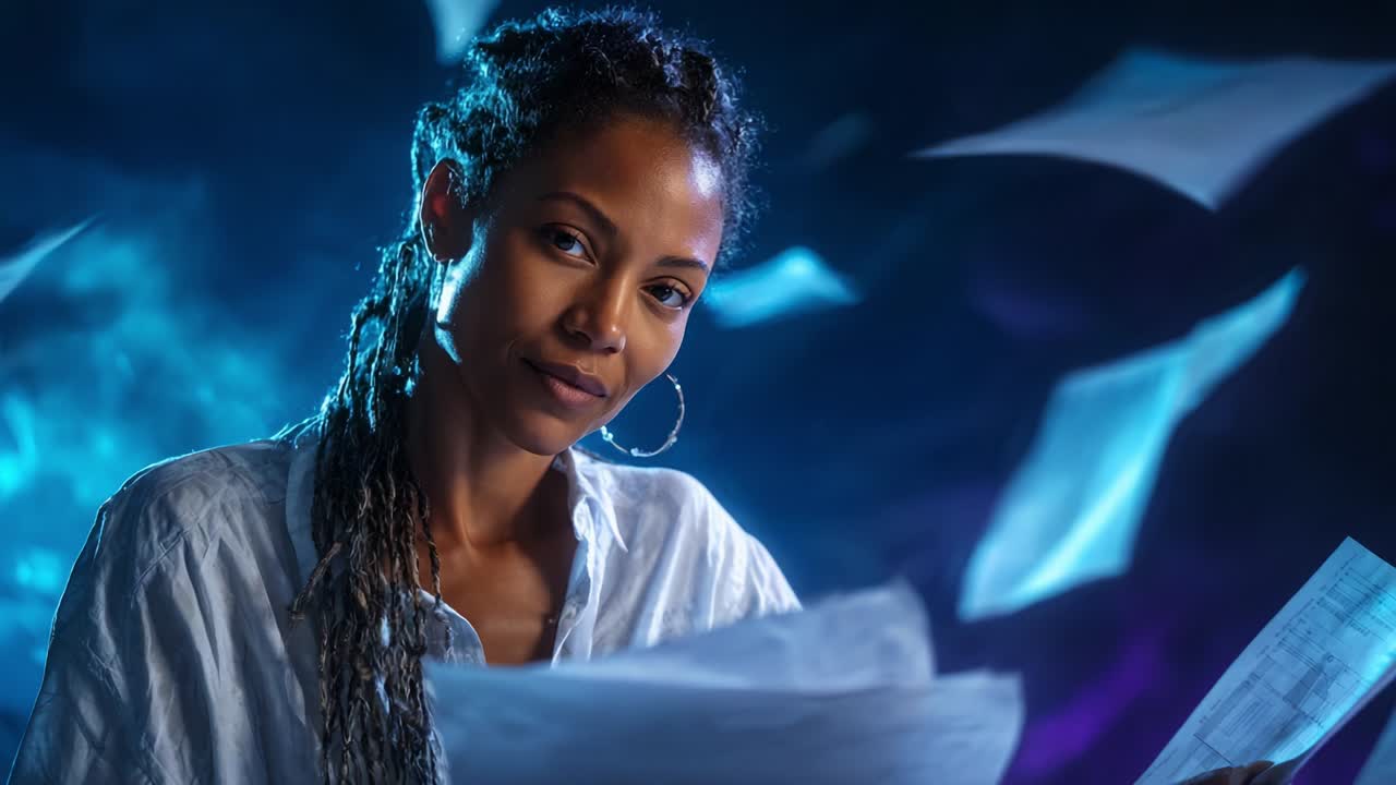 A Thoughtful Woman Analyzes Documents Surrounded by a Mysterious Atmosphere, with Papers Flying Around Her, Capturing the Essence of Contemplation and Focus in a Unique Visual Narrative