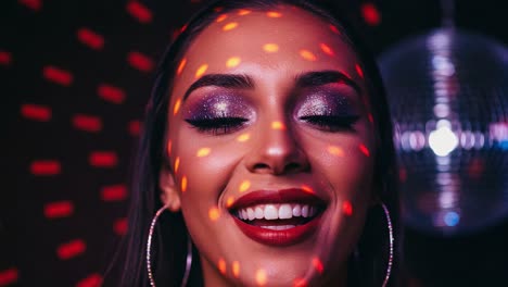 a joyful moment captured: a woman radiating happiness under colorful light projections with sparkling makeup in an energetic atmosphere