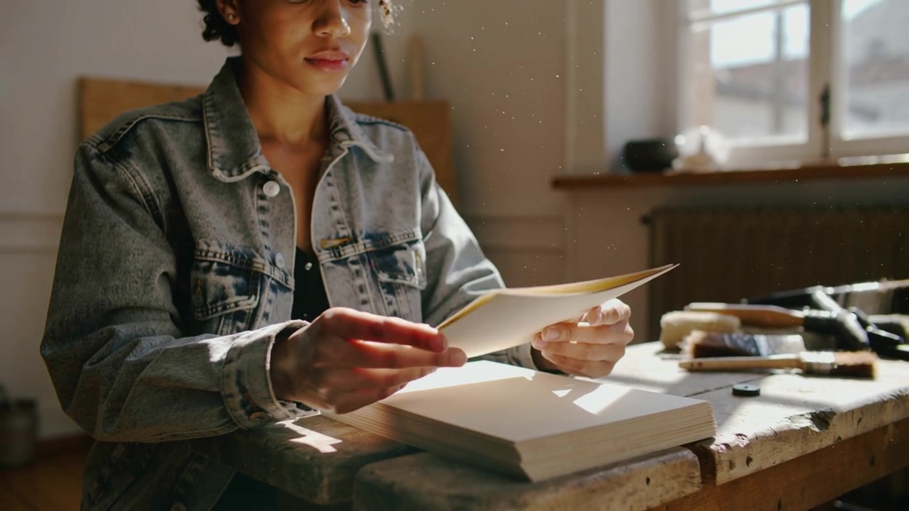 Artista in giacca di jeans che solleva ed esamina un foglio da un libro su una panchina assolata, con pennelli, per dipingere.