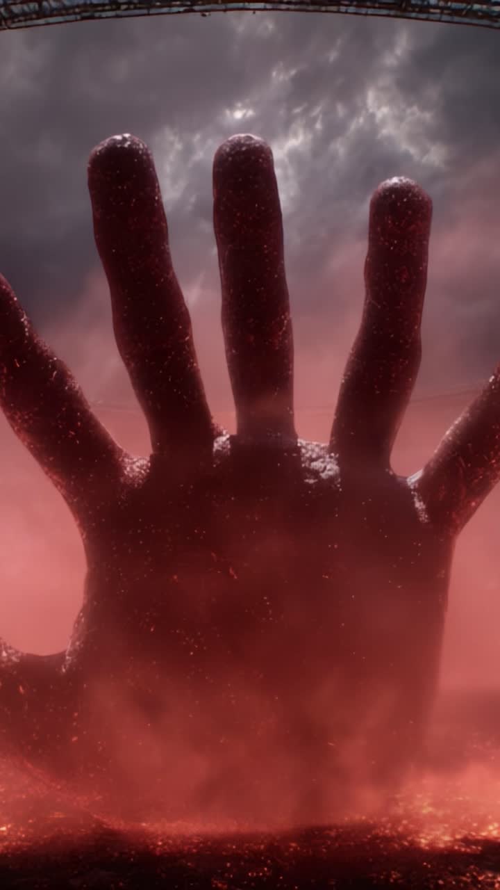 Una mano colossale emerge da un paesaggio infuocato, circondata da un cielo drammatico, evocando temi di potere, pericolo e surrealismo in una composizione visiva sorprendente.