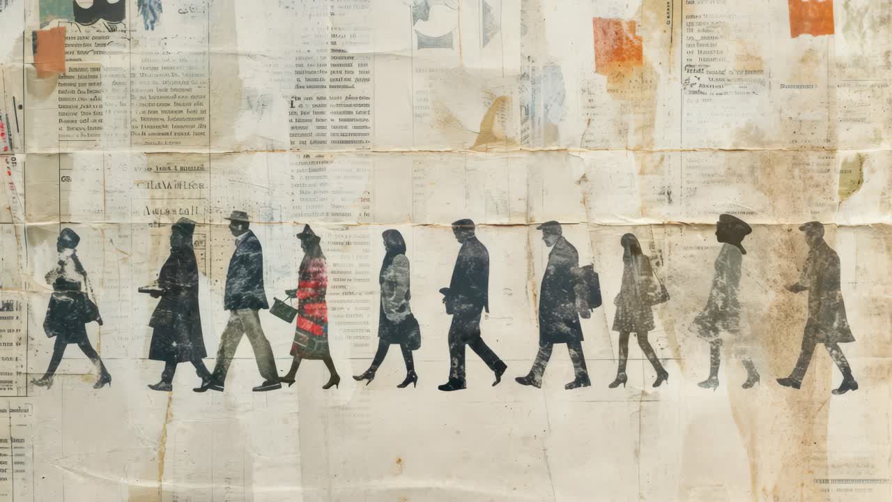 Silhouettes of people walking in profile, resembling a vintage video frame