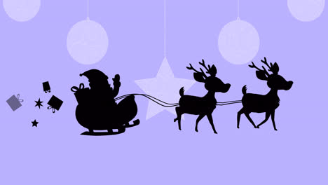 Santa-claus-in-sleigh-being-pulled-by-reindeers-over-hanging-decorations-on-purple-background