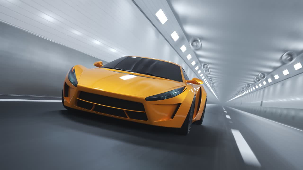 Futuristic concept sports car racing through a tunnel made of lights at ...