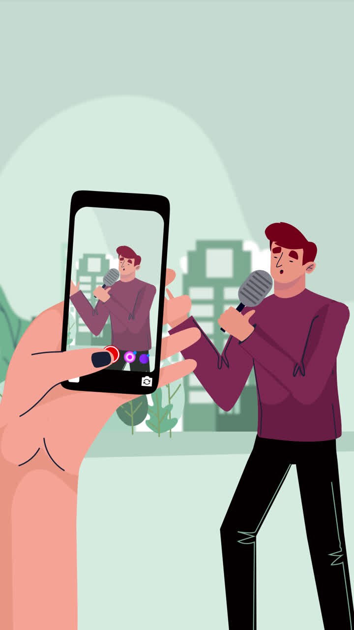 Mand synger i en mikrofon, set på en smartphone