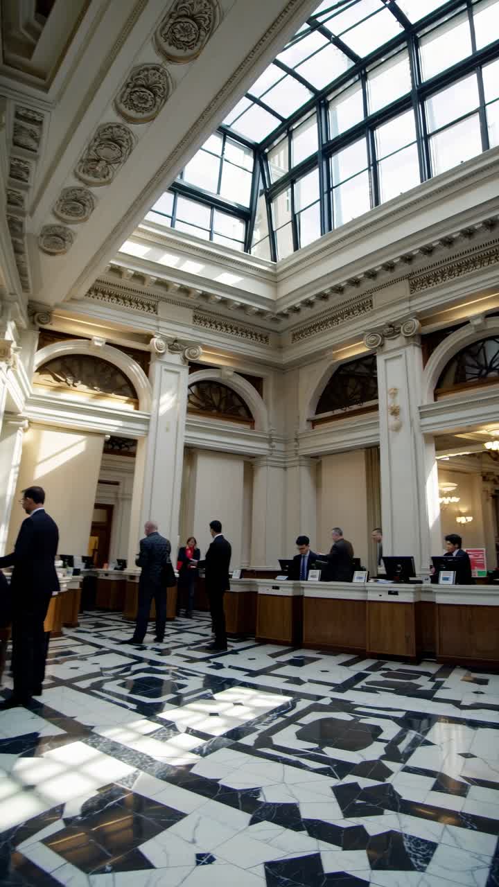 Wide-angle shot of a grand hall with high ceilings and classic architecture, capturing people
