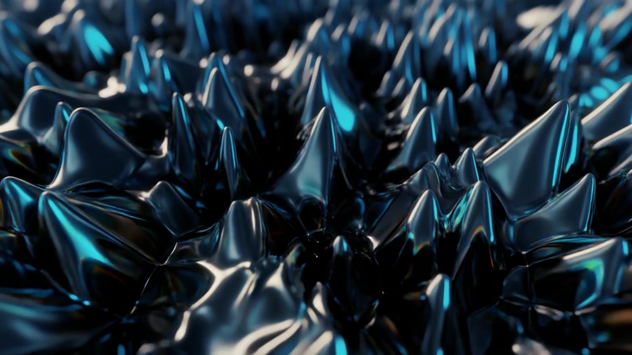 Punte astratte di ferrofluido che si muovono in un liquido blu scuro