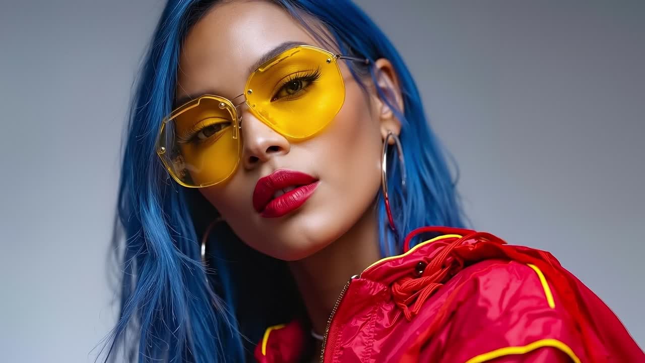 A woman with blue hair wearing yellow sunglasses and a red jacket