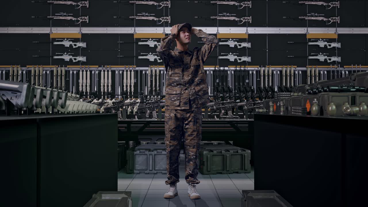 uomo asiatico soldato a figura intera con mal di testa nell'armeria militare