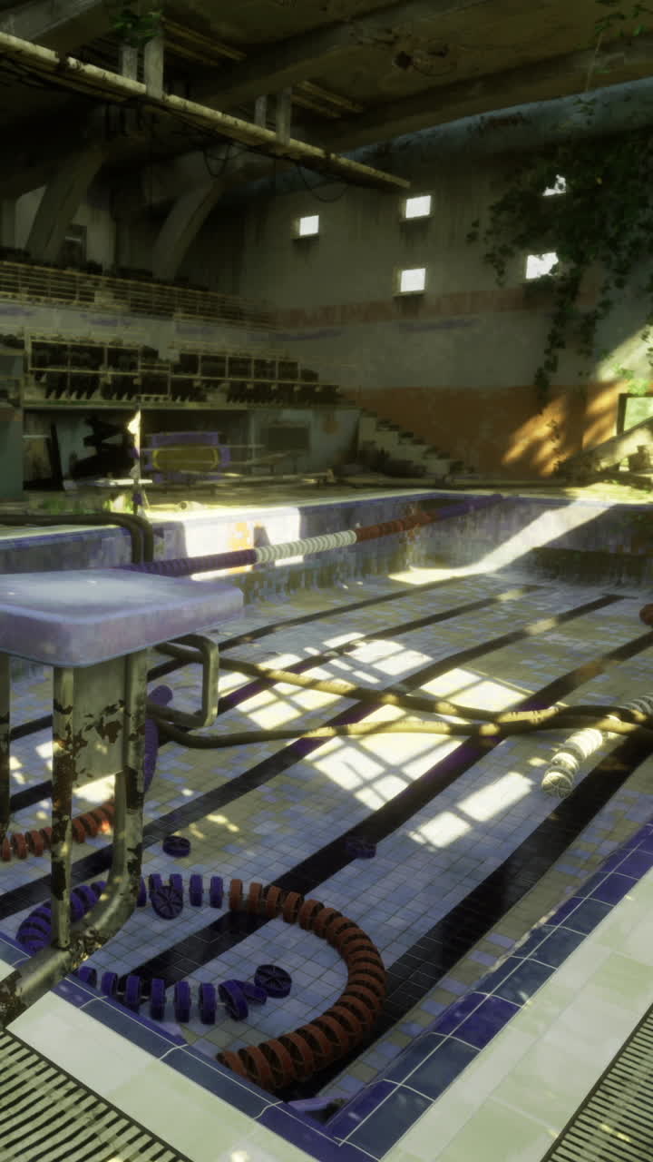 Abandoned swimming pool in a derelict building with natural light
