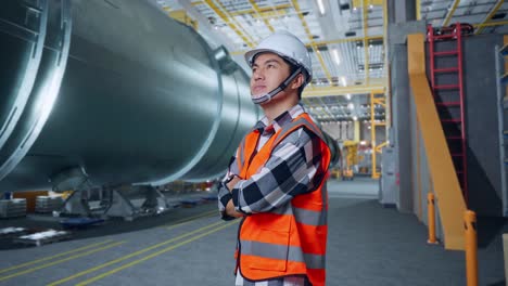 vista lateral de un ingeniero masculino asiático con casco de seguridad de pie en una fábrica de fabricación de tubos. cruzando los brazos