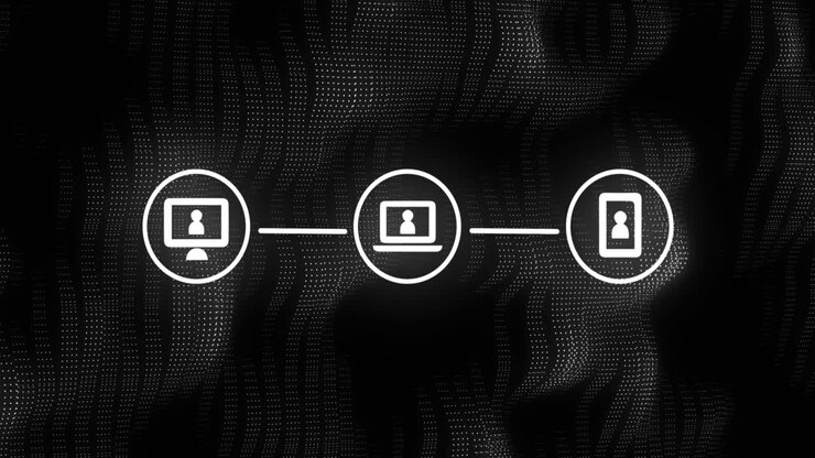 Animazione di tre icone bianche di interfaccia digitale per computer su sfondo nero reticolato