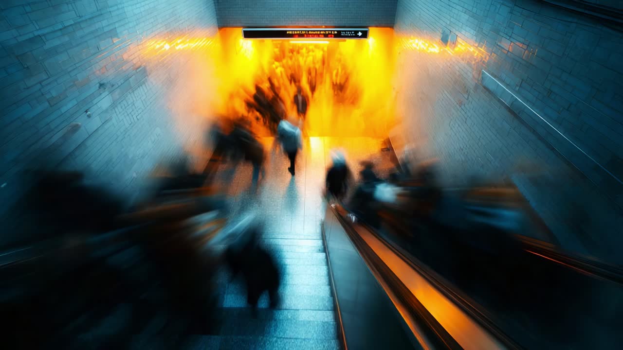 A Bustling Subway Entrance: Capturing the Chaotic Energy of Commuters Descending into the Depths of the Urban Underground with Glowing Auras of Light