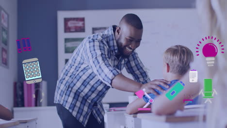 animation of school items icons over diverse male teacher with schoolchildren learning