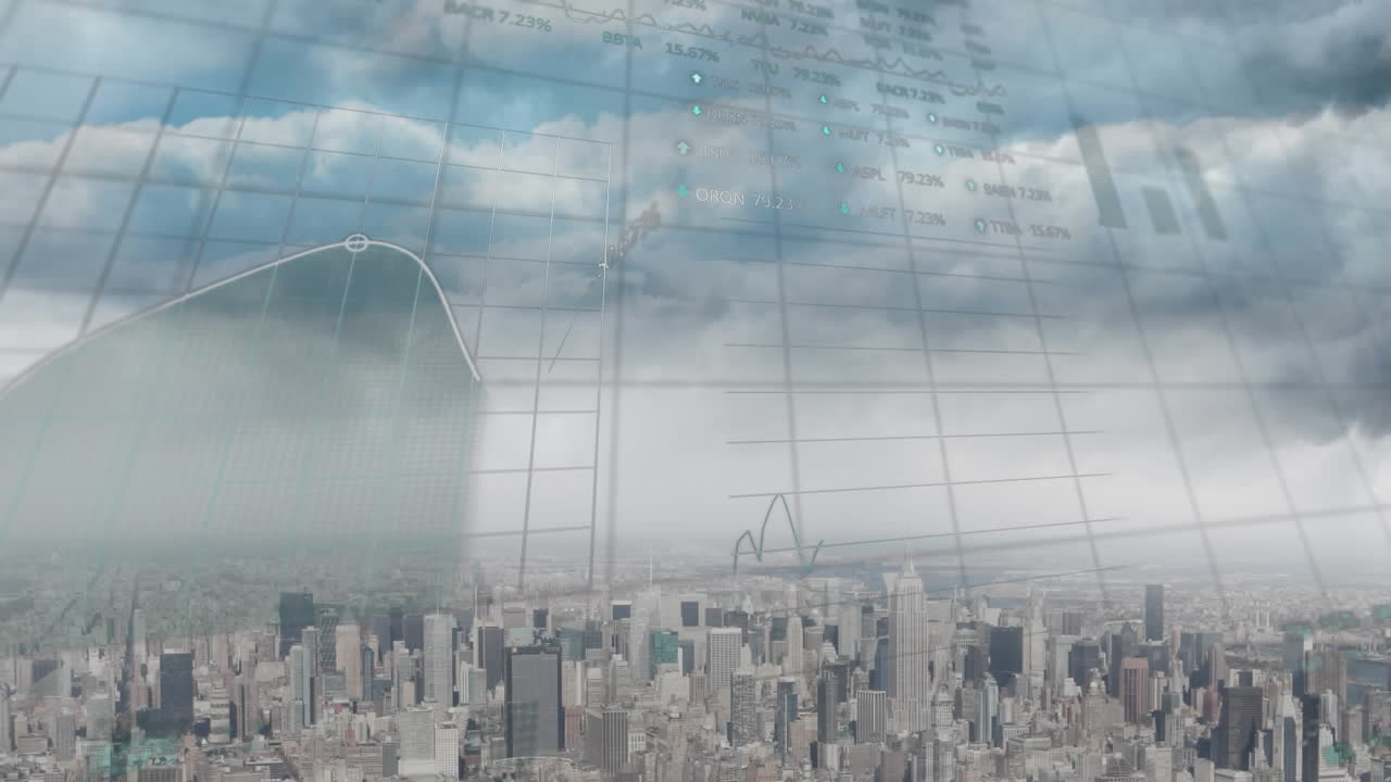 도시 풍경 위의 금융 데이터 처리 애니메이션