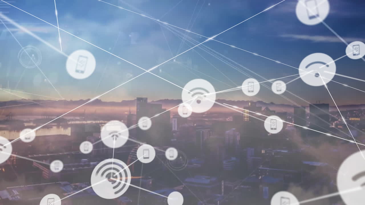 Animation of network of connections with icons over data processing and cityscape