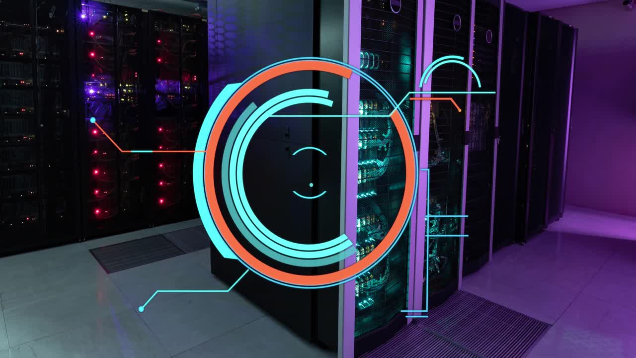 animación del escáner redondo contra la sala del servidor de la computadora.