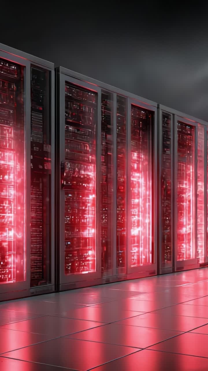 A Stunning Display of Advanced Data Center Technology Featuring High-Performance Server Racks Illuminated by Red LED Lighting in a Modern Environment