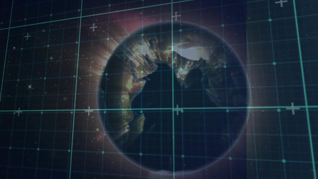 Animation of globe rotating over checked blue space