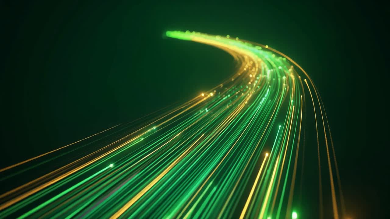 Flusso dinamico di scie di luce digitale verdi e gialle