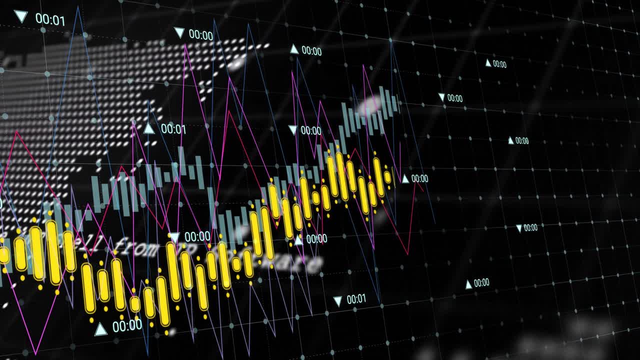 animación de múltiples gráficos con números cambiantes sobre el globo y el mapa sobre fondo negro.