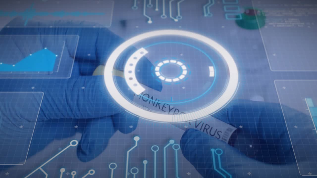 Hands entering grasping Monkeypox tube in holographic ring, transparent data panels completing scan