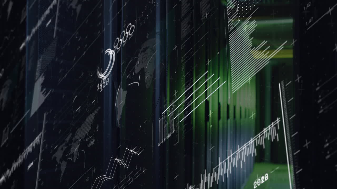 Animation of interface with spinning globe and statistical data processing over computer server room