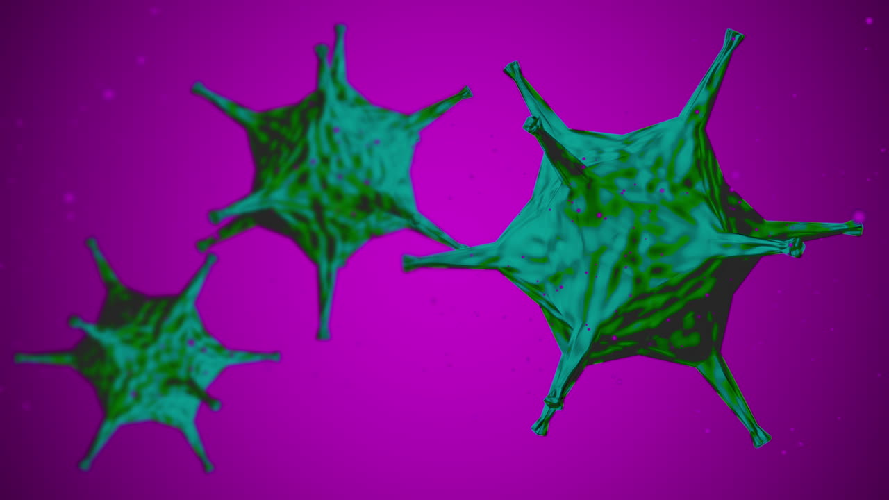 representación 3d de células coronavirus o covid-19 vistas a través de un microscopio