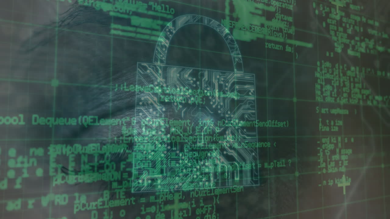 animación de la interfaz digital con candado de seguridad sobre el ojo humano