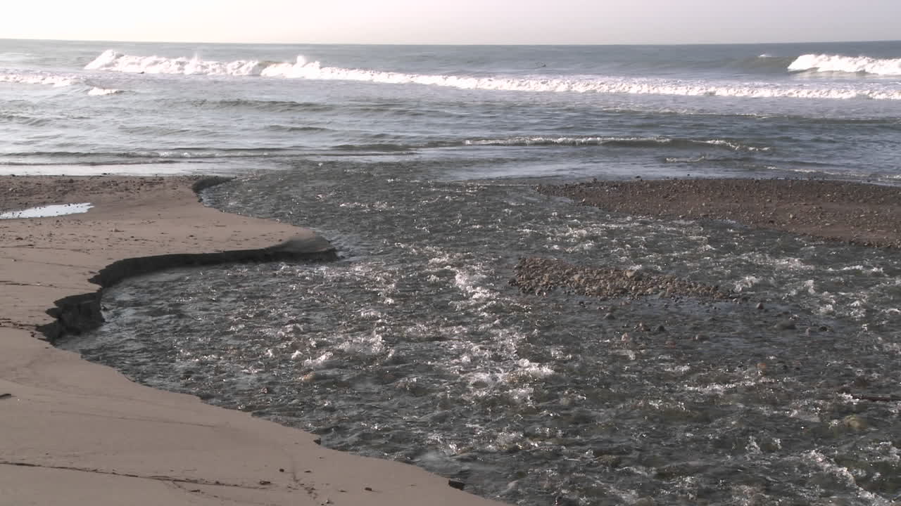 surfista caminando por el agua que sale del estuario del río ventura en surfers point en ventura california