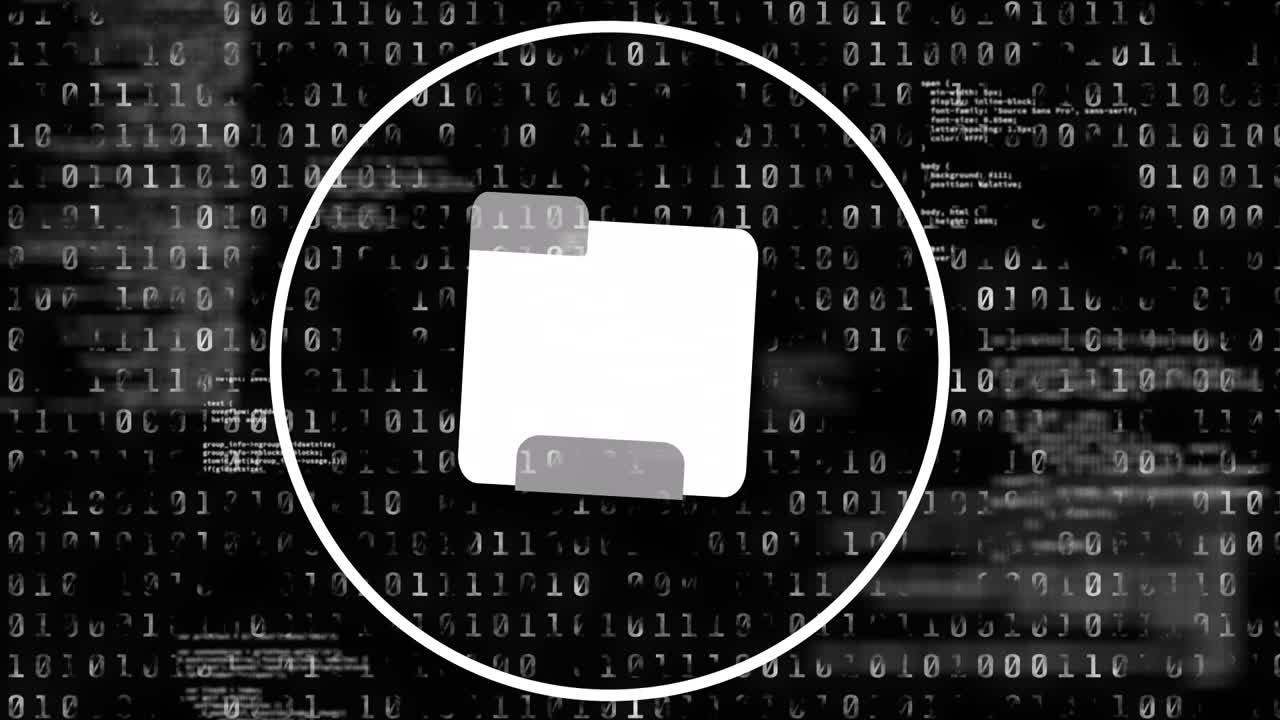 animación del icono del archivo digital, codificación binaria y procesamiento de datos