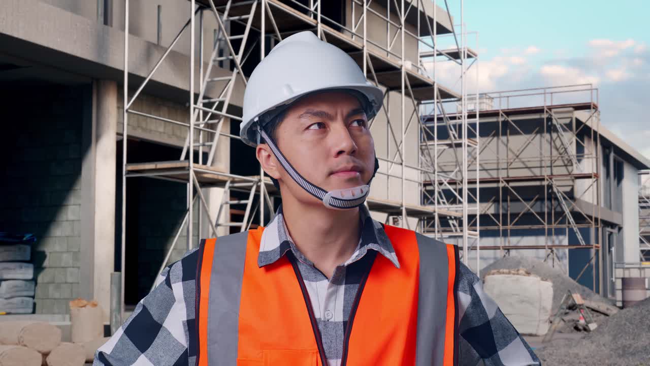 Close Up Of Asian Male Engineer Wearing Safety Helmet Looking Around While Standing With Arms Akimbo At Building & Construction Site in Progress to New House