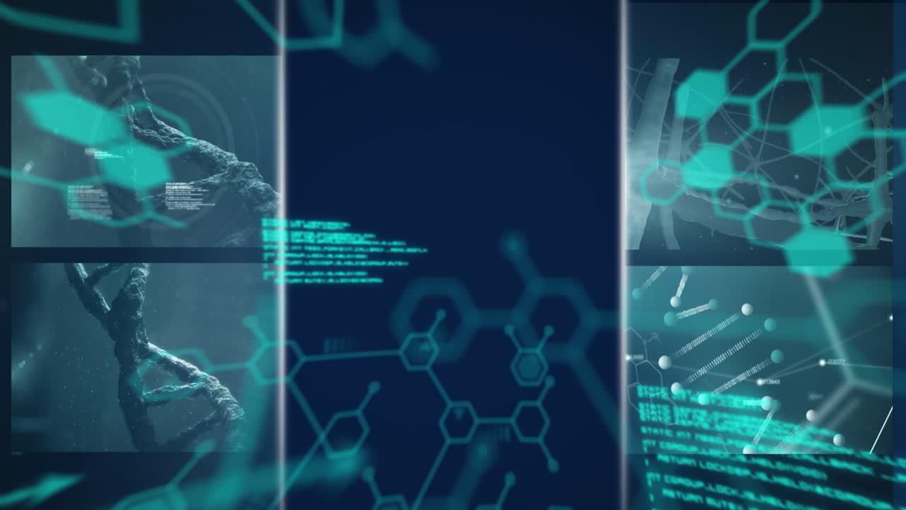 animación digital de múltiples pantallas con procesamiento de datos médicos contra un fondo azul