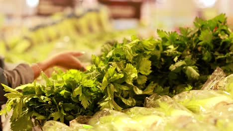a person examines and picks celery in a well-lit supermarket produce section
