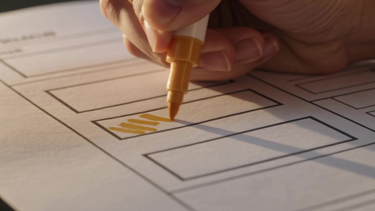 Right hand holding yellow marker, tip hovering over corner, filling first box on desk, marking form