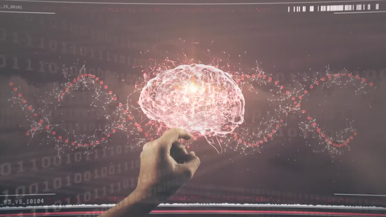 animación de codificación binaria sobre el cerebro digital tocando el dedo humano