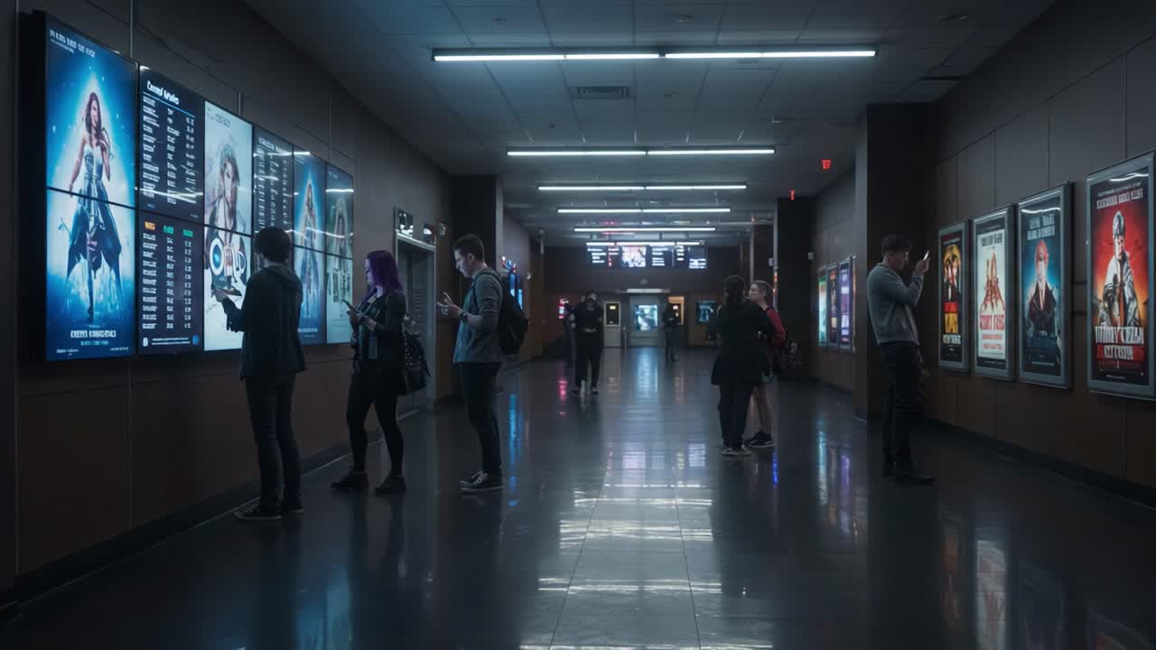 A Modern Cinema Corridor Featuring Movie Posters and Attendees Engaged with Interactive Displays in a Contemporary Theatre Setting at Night